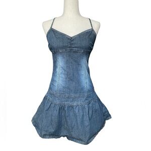 ZD Y2K Denim Spaghetti Strap drop waist flounce medium wash jean Dress S